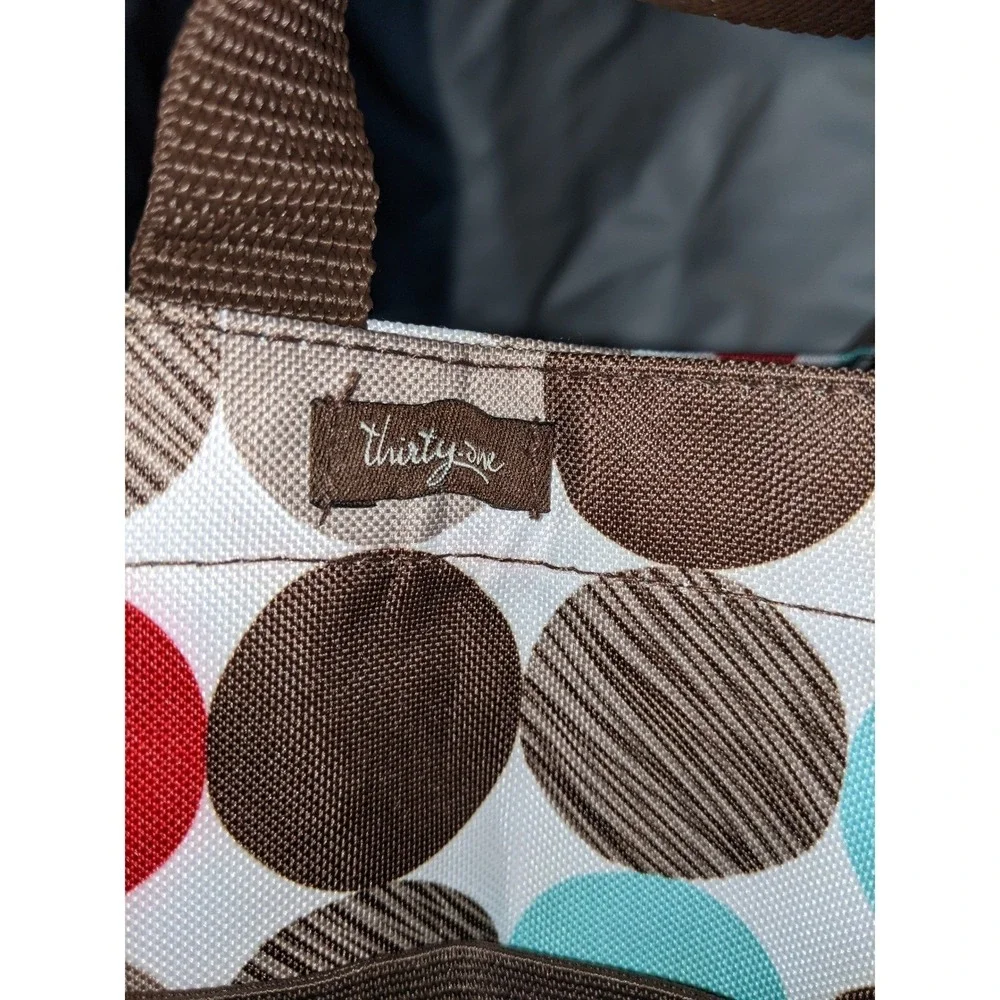 Thirty-One Small Tote Bag Polka Dot Red Teal Brown 12x8x5